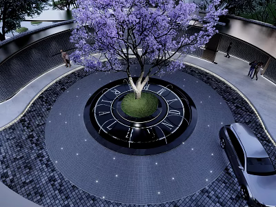 Circular Garden Landscape With Purple Flowering Tree Paved Ground People And Car 3d model