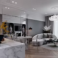 Modern Living And Dining Area With Sofa Coffee Table Chandelier And Wooden Floor