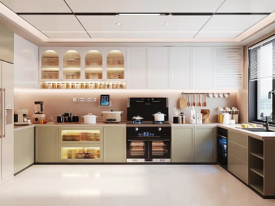 Modern Kitchen Interior Design With Arched Glass Cabinets White Light Green Cabinets And Appliances 3d model