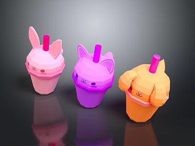 Three Colorful Cartoon Animal Ear Design Straw Cups For Daily Use 3d model