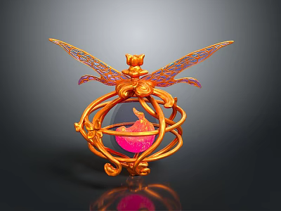 Golden Decorative Ornament With Intricate Wings And Circular Sphere Containing Pink Flame In Ornate Frame 3d model