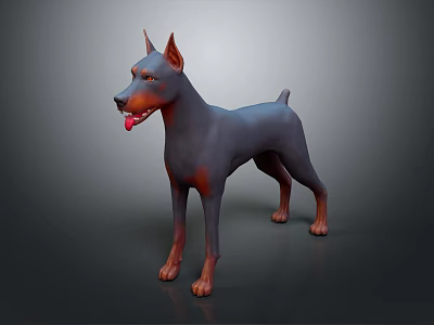 Standing Doberman Dog 3D Model With Blue Gray And Brown Coat And Tongue Out 3d model