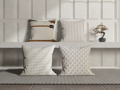 Decorative Neutral Tones Throw Pillows with Textured Patterns on Shelf Against White Paneled Wall 3d model