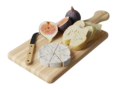 Fresh Figs Bread And Cheese On Wooden Cutting Board With Knife 3d model