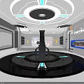 Future Themed Science Center Interior With Circular Platform And Tech Exhibits Blue Accents