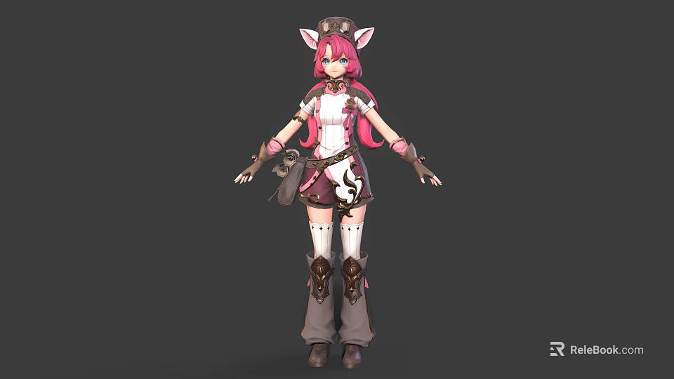 Anime Character With Cat Ears And Pink Hair Wearing White Brown Outfit Gloves And Boots 3d model 