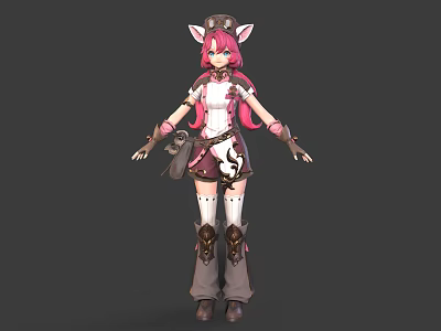 Anime Character With Cat Ears And Pink Hair Wearing White Brown Outfit Gloves And Boots 3d model