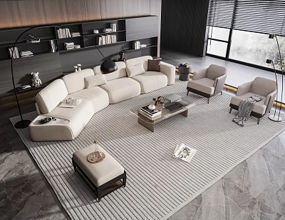 Modern Living Room Sofa Coffee Table Set With Armchairs Floor Lamp And Bookshelf 3d model