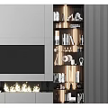 Modern TV Background Wall with Fireplace Flames Open Bookshelf and Decorative Items