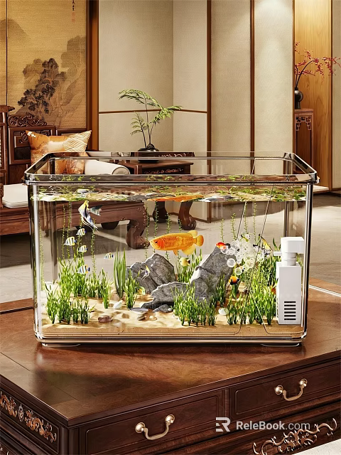Clear Glass Indoor Aquarium With Goldfish Aquatic Plants Rocks And Sand 3d model 