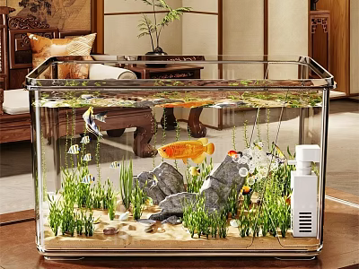 Clear Glass Indoor Aquarium With Goldfish Aquatic Plants Rocks And Sand 3d model