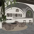 Relaxing SPA Sauna Featuring Arched Structures Rattan Furniture Wooden Decor Green Plants and Woven Lights