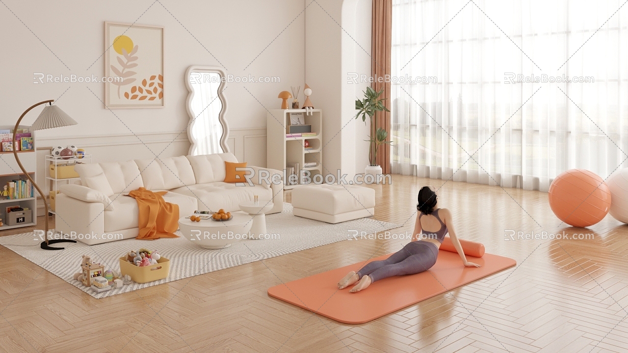 Living Room Yoga Women's Yoga Ball White Sofa Combination Coffee Table Vertical Cabinet Floor Mirror Children's Toy Storage Rack Floor Lamp Living Room Carpet Orange Floor Window 3d model