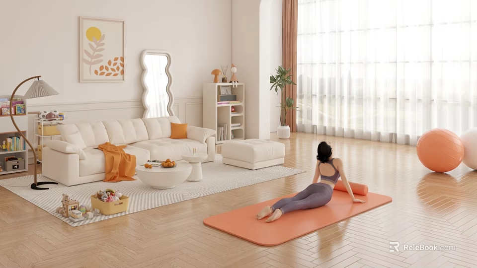 Living Room Interior With White Sofa Orange Throw And Yoga Mat On Wooden Floor 3d model 