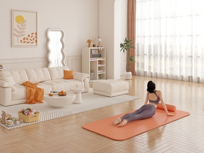 Living Room Yoga Women's Yoga Ball White Sofa Combination Coffee Table Vertical Cabinet Floor Mirror Children's Toy Storage Rack Floor Lamp Living Room Carpet Orange Floor Window 3d model