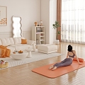 Living Room Yoga Women's Yoga Ball White Sofa Combination Coffee Table Vertical Cabinet Floor Mirror Children's Toy Storage Rack Floor Lamp Living Room Carpet Orange Floor Window 3d model