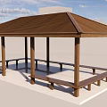 Wooden Garden Pavilion With Brown Roof And Benches On White Platform