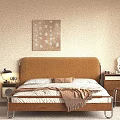 Cozy Double Bed with Yellow Headboard White Brown Bedding Nightstand Lamp Wall Art Brown Curtains