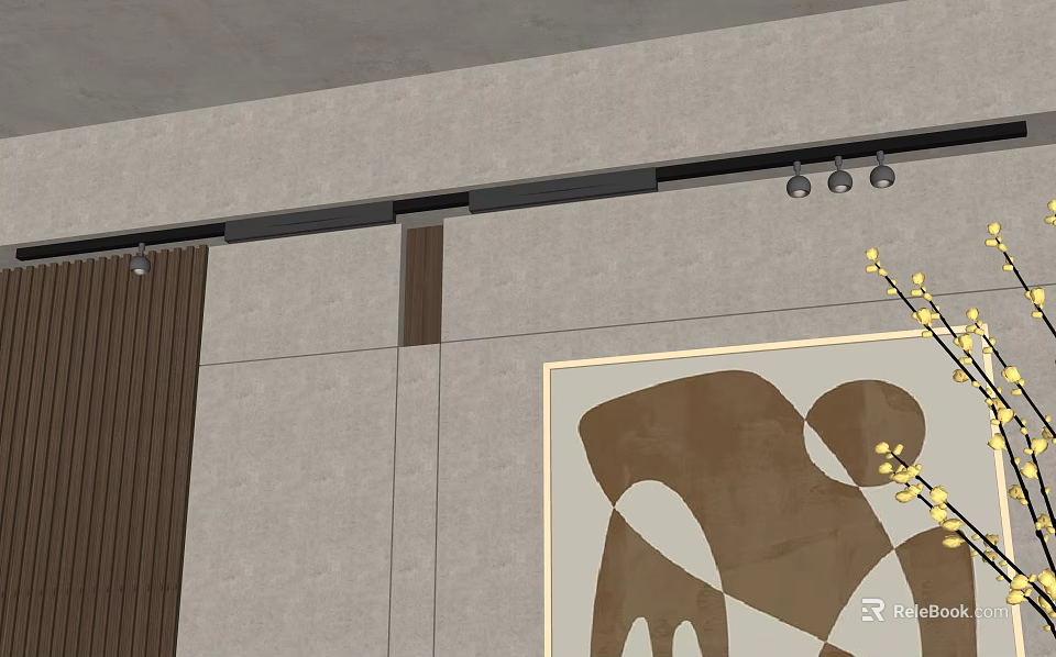 Modern Ceiling Downlights And Spotlights In Interior With Wall Art And Plants 3d model