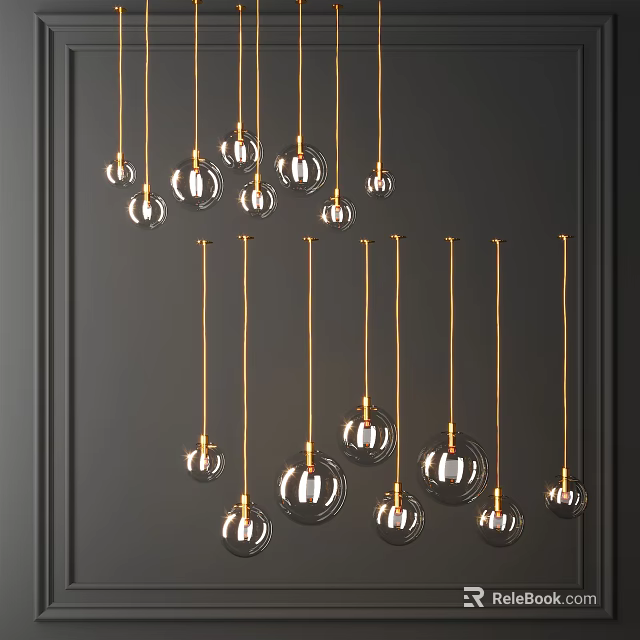 Transparent Glass Spherical Pendant Lights With Golden Hanging Wires Mounted On Dark Wall 3d model 