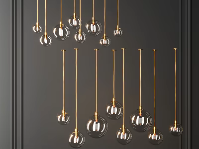 Transparent Glass Spherical Pendant Lights With Golden Hanging Wires Mounted On Dark Wall 3d model