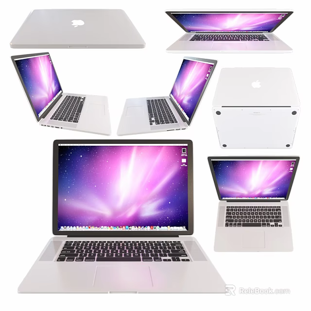 Apple Laptops In Various Angles With Purple Pink Starry Screen Display And White Computer Case 3d model 