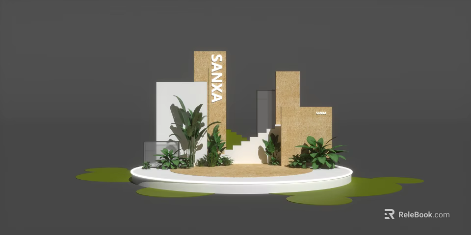SAIVKA Themed Stage With Geometric Brown White Structures Green Plants And Circular Base 3d model 