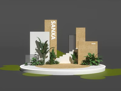 SAIVKA Themed Stage With Geometric Brown White Structures Green Plants And Circular Base 3d model