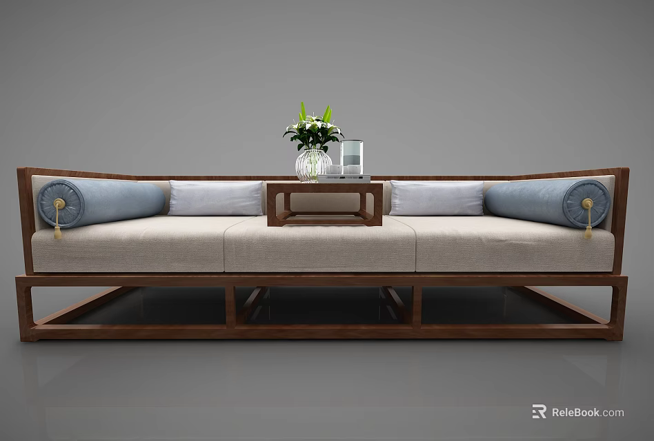 Multi Seater Sofa Light Gray Fabric Blue Cushions Wooden Frame Coffee Table Green Plant 3d model 