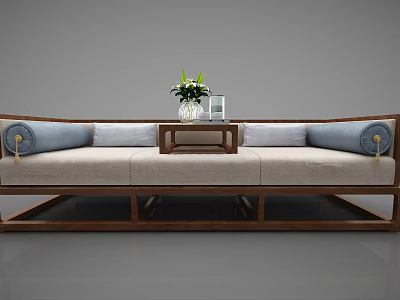Multi Seater Sofa Light Gray Fabric Blue Cushions Wooden Frame Coffee Table Green Plant 3d model