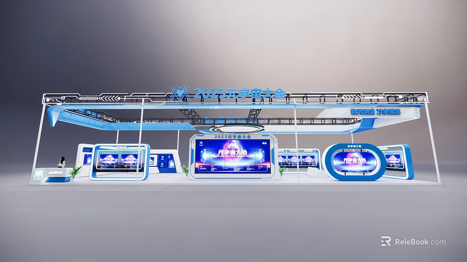 Blue Modern Tech Exhibition Booth With Sleek Structure And Digital Display Screens 3d model