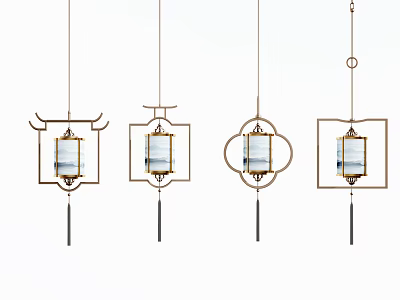 Chinese Style Lantern Shaped Chandeliers With Frames Landscape Patterns And Tassels 3d model
