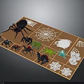 Spiders on a brown board with different colors and various styles of spider webs