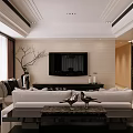 Modern Living Dining Room Interior With TV Wall Sofa Armchairs And Decorative Rug