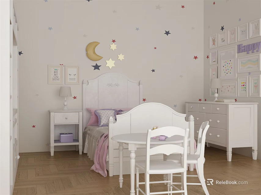 Cozy Kids Room Featuring White Children's Bed Star Moon Wall Decals and Wooden Floor 3d model 
