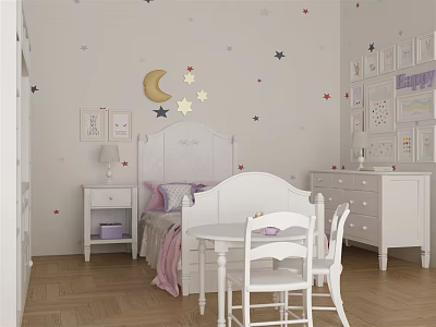 Cozy Kids Room Featuring White Children's Bed Star Moon Wall Decals and Wooden Floor 3d model
