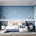 Cozy Kids Room Interior With Starry Wallpaper Bed Storage Cabinets And Rug