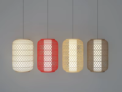 Hanging Illuminated Lanterns In Different Colors With Woven Designs On Gray Background 3d model
