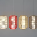 Hanging Illuminated Lanterns In Different Colors With Woven Designs On Gray Background