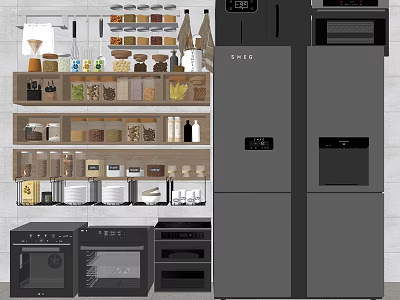 Modern Kitchen Appliances With Cabinets Spice Racks And Storage Design 3d model