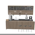 Modern Wooden Bar Counter With Black Top Hanging Shelves Coffee Machine And Stools