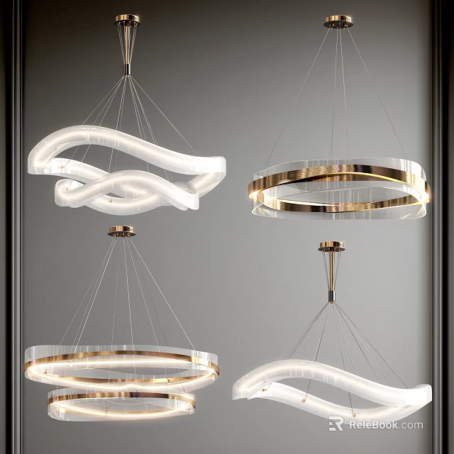 Elegant Modern Chandeliers Featuring Curved Lines And Circular Gold Metal Frames 3d model 