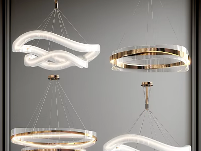 Elegant Modern Chandeliers Featuring Curved Lines And Circular Gold Metal Frames 3d model