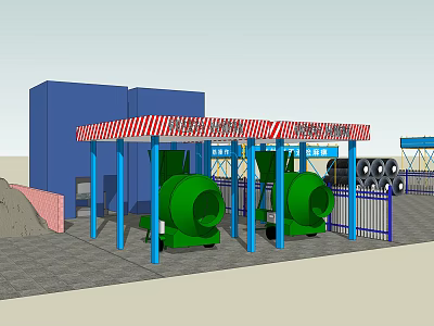 Industrial Construction Equipment Area With Green Concrete Mixers Blue Structures Red White Striped Roof 3d model