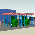 Industrial Construction Equipment Area With Green Concrete Mixers Blue Structures Red White Striped Roof