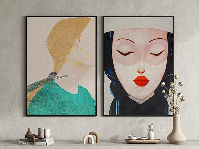 Minimalist Portrait Paintings With Blonde Hair Round Earrings Closed Eyes Red Lips And Black Frames 3d model