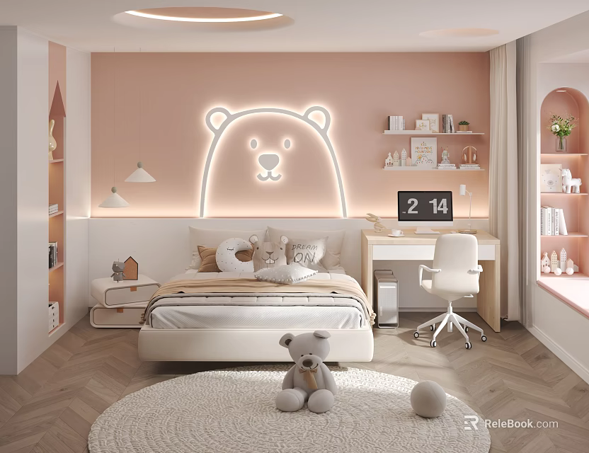 Cozy Kids Room With Pink Wall Bear Neon Light Bed Desk Bookshelf And Stuffed Bear 3d model 