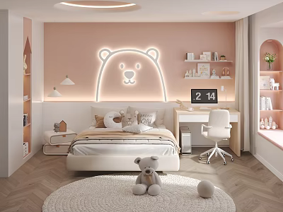 Cozy Kids Room With Pink Wall Bear Neon Light Bed Desk Bookshelf And Stuffed Bear 3d model