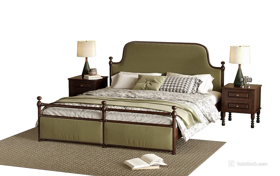 Double Bed with Green Upholstered Headboard Dark Wooden Frame Nightstands Lamps Rug and Pillows 3d model 