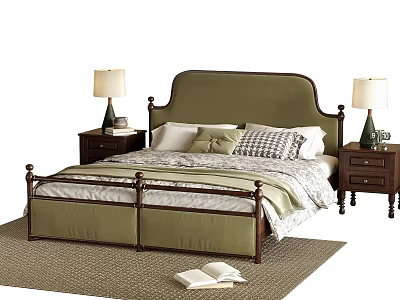 Double Bed with Green Upholstered Headboard Dark Wooden Frame Nightstands Lamps Rug and Pillows 3d model